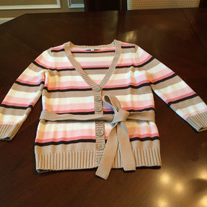 Ann Taylor Ribbed Belted Pink/White/Brown Cardigan